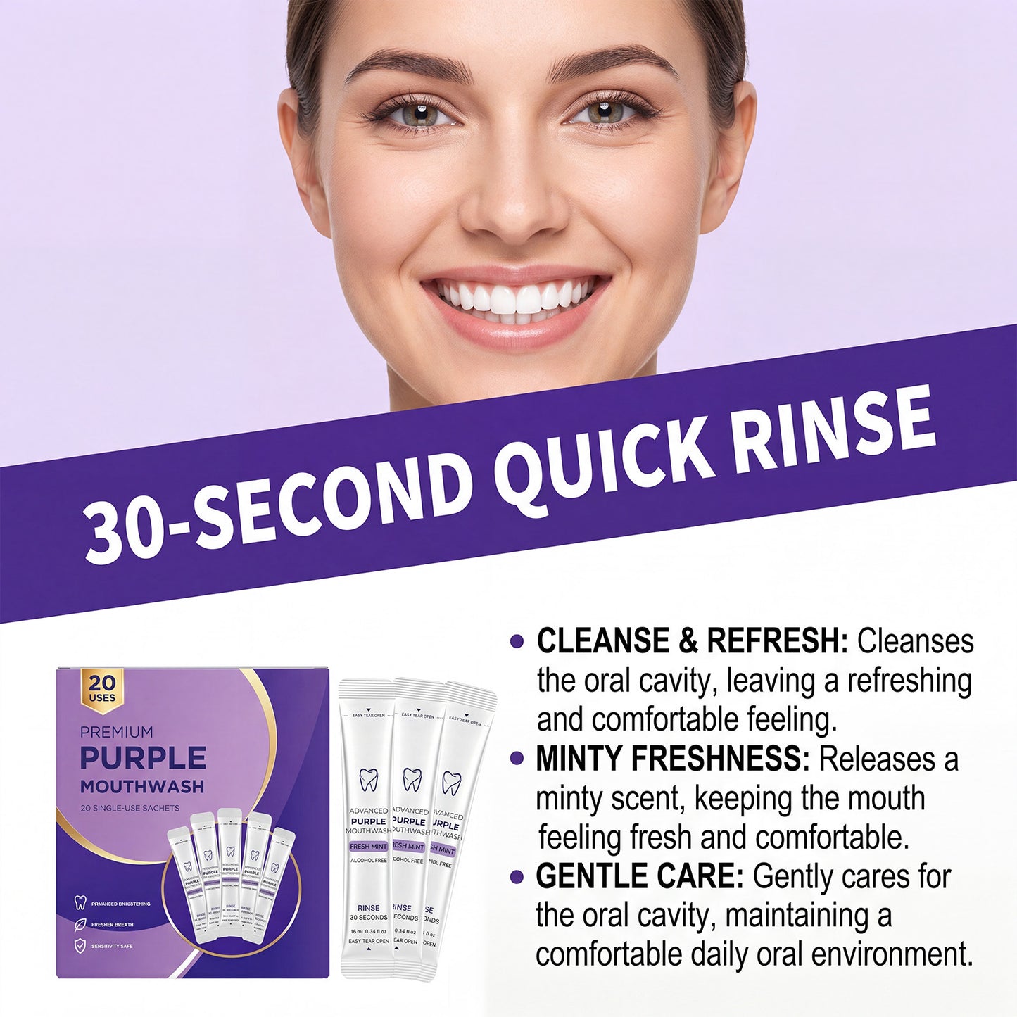 Purple Bright Mouthwash – Because White Teeth Start with the Right Swish.