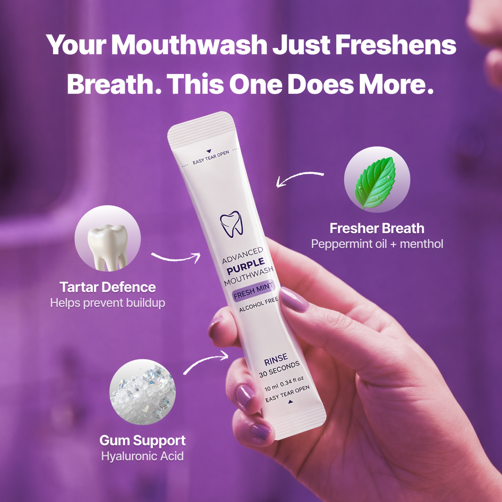 Purple Bright Mouthwash – Because White Teeth Start with the Right Swish.